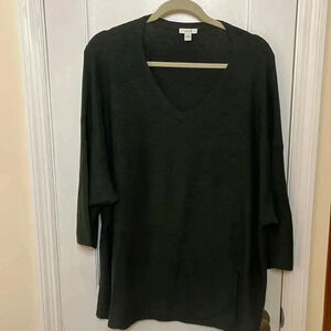 Pure J Jill Cotton Blend V-Neck Sweater Boxy Women's Large Green Kimono Sleeves
